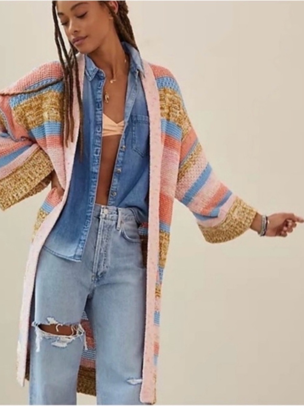 Anthropologie Striped Open-Front Long Cardigan Duster Sweater - Pink, Blue